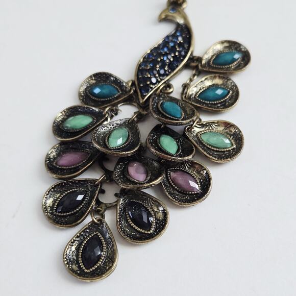 Peacock Chandelier Pendant Necklace Colorful Stones Boho Festival Cocktail Retro - Picture 2 of 12